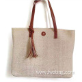 Unique straw beach bag canvas shopping bags travel handwoven shoulder tassel shoulder purse for ladies girls